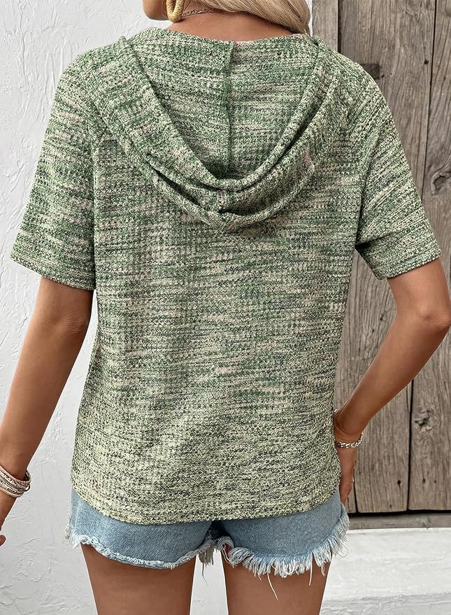 Dokotoo Womens Summer Tops 2026 Short Sleeve Button V Neck Waffle Knit Lightweight Drawstring Hoodies Casual Blouses Shirts - Image 2