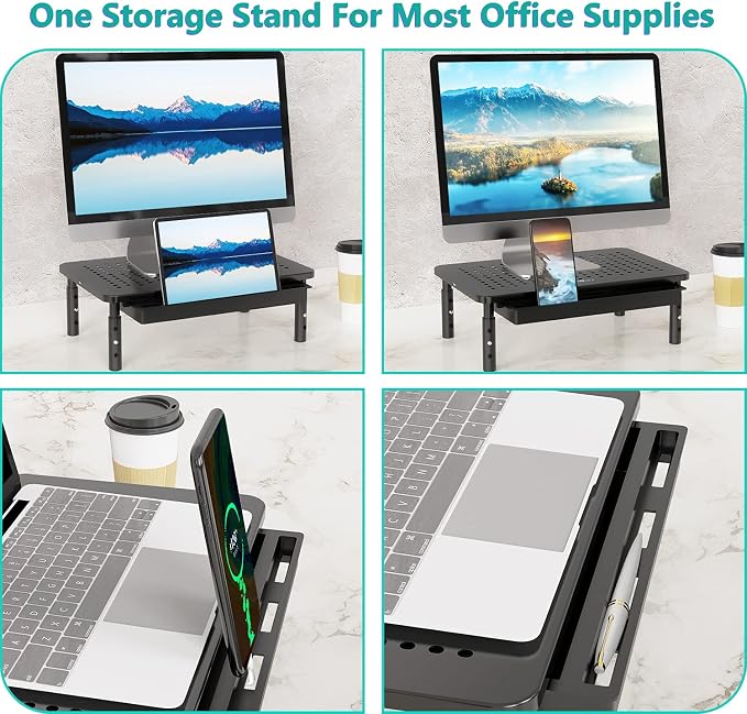 WALI Computer Monitor Stand with Storage, Desk Monitor Riser 3 Height Adjustable, Laptop Riser with Airflow Vents, Desk Organizer for Computer, Laptop, Printer, Notebook (STT003D-B), 1 Pack, Black - Image 4