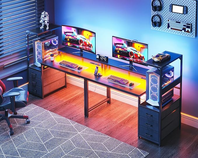 AODK 52 Inch Gaming Desk with USB Charging Ports & LED Light- Reversible Computer Desk with Storage Shelves & Monitor Stand, Modern Gamer Desk Table with Fabric Drawers, Black - Image 8