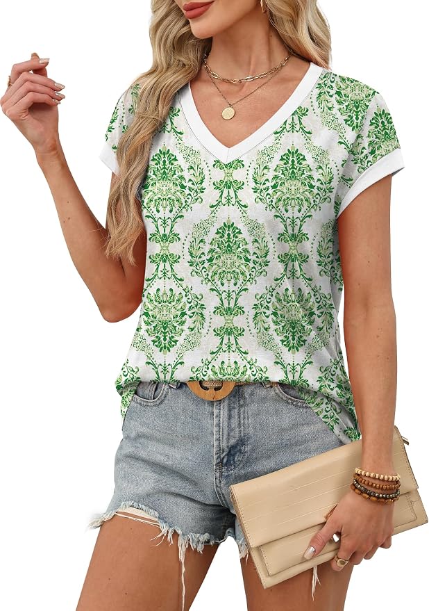 WIHOLL Womens Summer Tops 2026 Cap Short Sleeve Shirs V Neck T Shirts Fashion Beach Vacation Clothes Color Block - Image 4