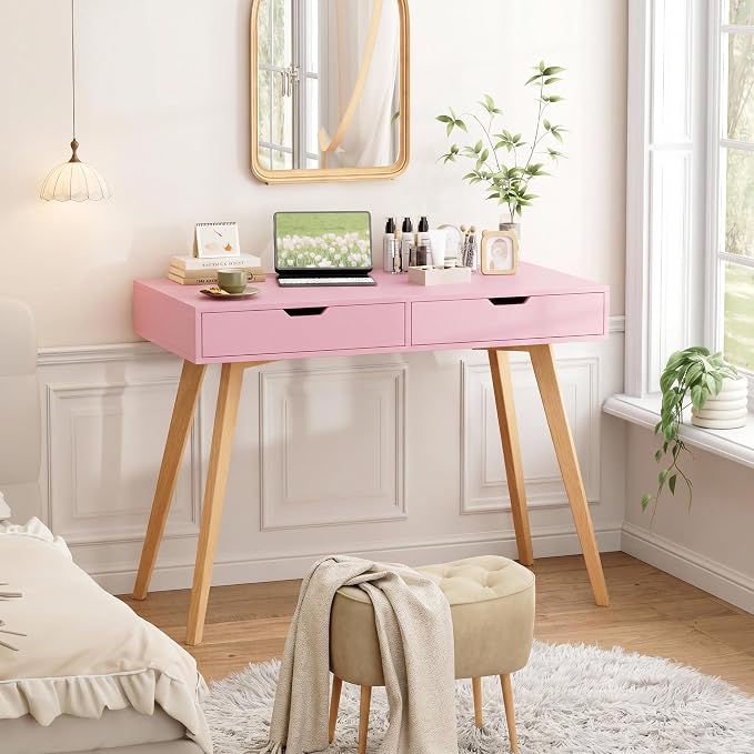 FOTOSOK White Computer Writing Desk with 2 Drawers, Small Desk Makeup Vanity Table Wood Desk with 4 Oak Legs, Modern Home Office Desk Console Study Table, Pink - Image 3