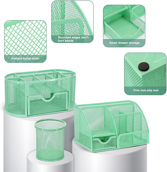 17 in 1 Green Desk Organizers and Accessories Set, 3 Office Desk Supplies Storage Organization, 4 Pens, Stapler, Staples & Remover, Tape & Dispenser, Scissors, Ruler, Clips, Hole Punch, Back to School - Image 3