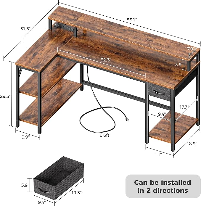SUPERJARE 53 inch Reversible L Shaped Desk with LED Lights & Power Outlets, Computer Desk with Shelves & Monitor Stand, Gaming Desk with Drawer, Home Office Desk Corner Desk, Rustic Brown - Image 7