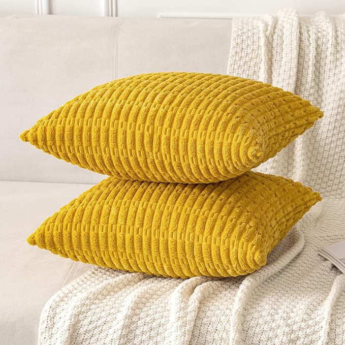 MIULEE Pack of 2 Corduroy Decorative Throw Pillow Covers 18x18 Inch Soft Boho Striped Pillow Covers Modern Farmhouse Home Decor for Summer Sofa Living Room Couch Bed Mustard Yellow - Image 5