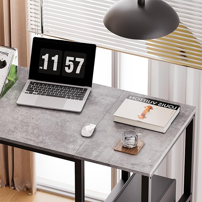 SINPAID Computer Desk 40 inches with 2-Tier Shelves Sturdy Grey Desks with Large Storage Space Modern Gaming Desk Study Writing Laptop Table, Gray - Image 7