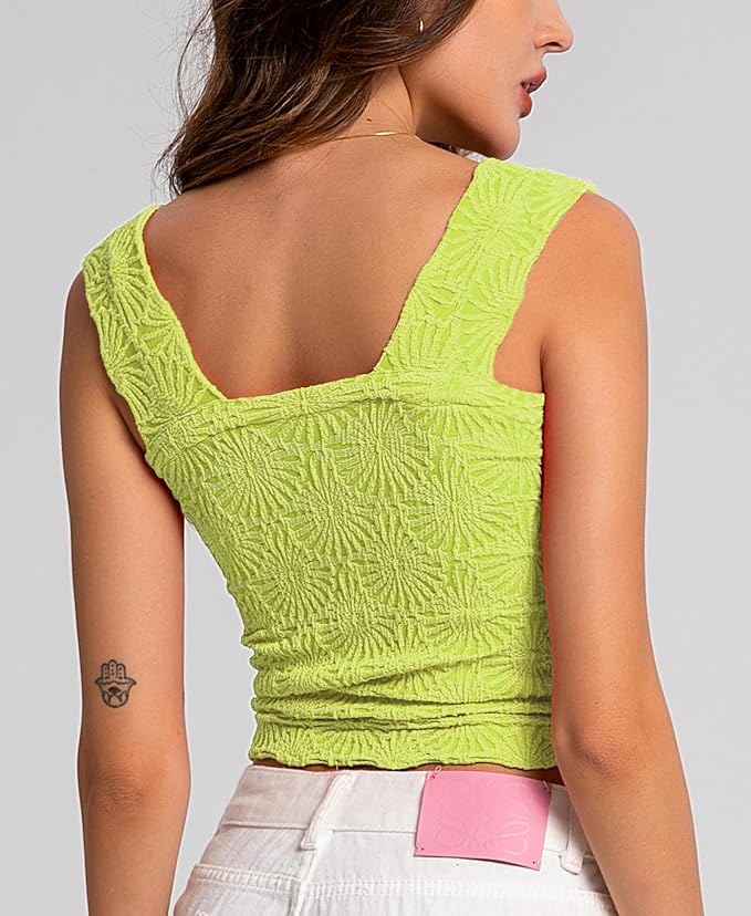 Women's Square Neck Wide Strap Crop Tank Tops Flower Going Out Tops Slim Fit Lettuce Trim Crop Cami Tops - Image 4