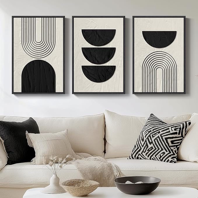 Framed Boho Black and White Abstract Wall Art, 3 Piece Modern Beige Canvas Prints Paintings Artwork for Walls, Black Geometric Pictures for Living Room Bedroom Hallway Office Wall Decor 16x24 In by Cuspin