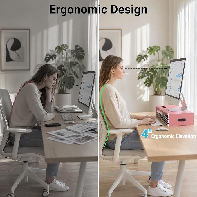 BONTEC Monitor Stand Riser with Cellphone Holder & Cable Management | 16.7 Inch Wood Monitor Riser Stand, Desktop Stand for PC/TV/Laptop/Printer, Pink - Image 5
