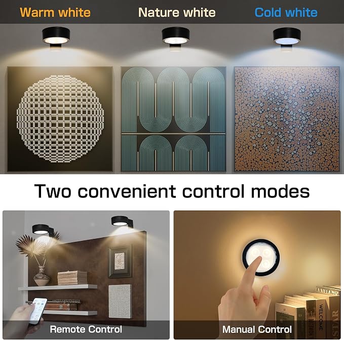 2-Pack Picture Light for Paintings Battery Operated Art Light with Remotes,3 Lighting Display Light,Magnetic Dimmable and Timer Wall Light for Picture Artworking Frame Portrait,LED Puck Lights-Black - Image 2