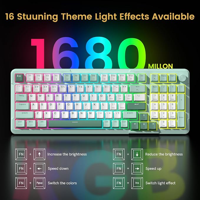 Redragon K742 Bluetooth Wireless Mechanical Gaming Keyboard with Knob | BT5.0/2.4GHz/USB C Creamy Keyboard with Number Pad for PC Computer, RGB Backlits, Hot-Swappable with Linear Switches (Green) - Image 7