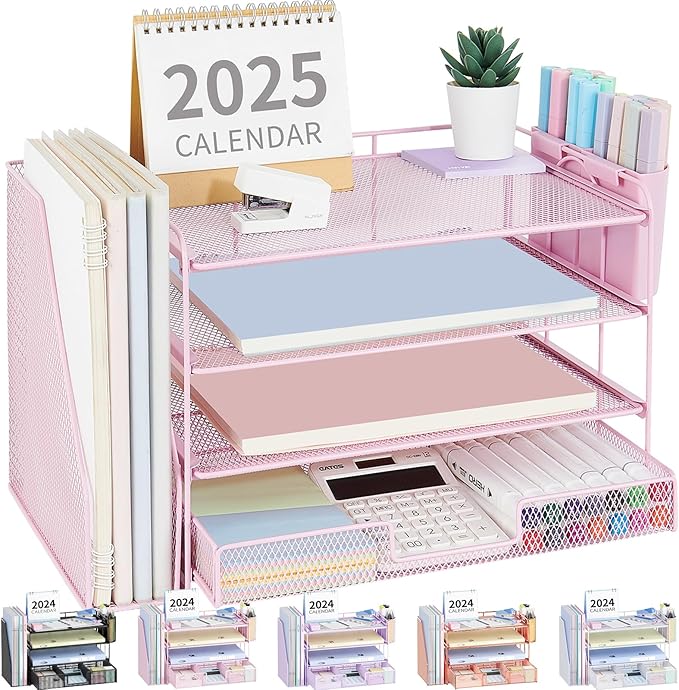 OPNICE Desk Organizer, 4-Tier Desktop File Organizer with Drawer and Pen Holders, Office Desk Accessories, File Sorters, Workspace Organizers for Office Supplies(Pink) by OPNICE