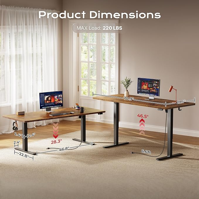 Huuger 71 X 30 Inch Electric Standing Desk with Power Outlets and USB-C Port, Height Adjustable Desk, Sit Stand Desk for Home Office, Computer Desk with 4 Presets, Stable Steel Frame, Rustic Brown - Image 5