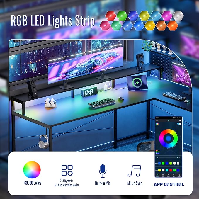 Pamray 64 Inch L Shaped Gaming Desk with Monitor Stand and Power Outlets | Large Corner Computer Desk With Pegboard & Led Lights USB Charging Ports for Home Office Study and Writing Bedroom and Dorms - Image 3