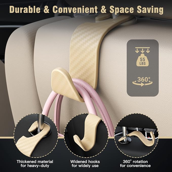 Amooca 4-Pack Car Headrest Hooks Vehicle Storage Organizer for Purses Handbags Groceries Coats – Heavy Duty 360° Rotating Simple Design Checkered Beige - Image 3