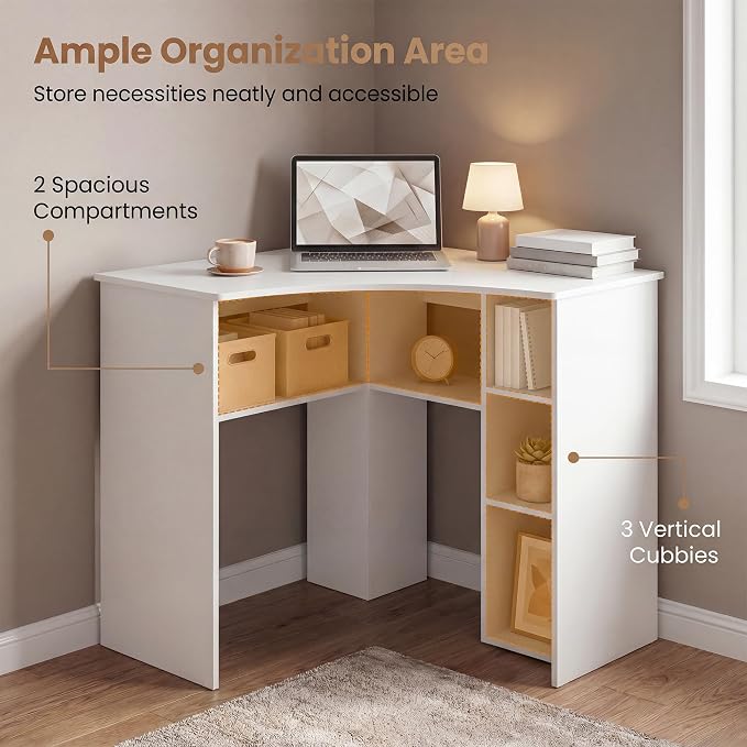 GOFLAME White Corner Desk with Charging Station, Small Corner Desk with Storage Shelves, Triangle Computer Desk, Study Writing Table for Home Office, Small Spaces - Image 3