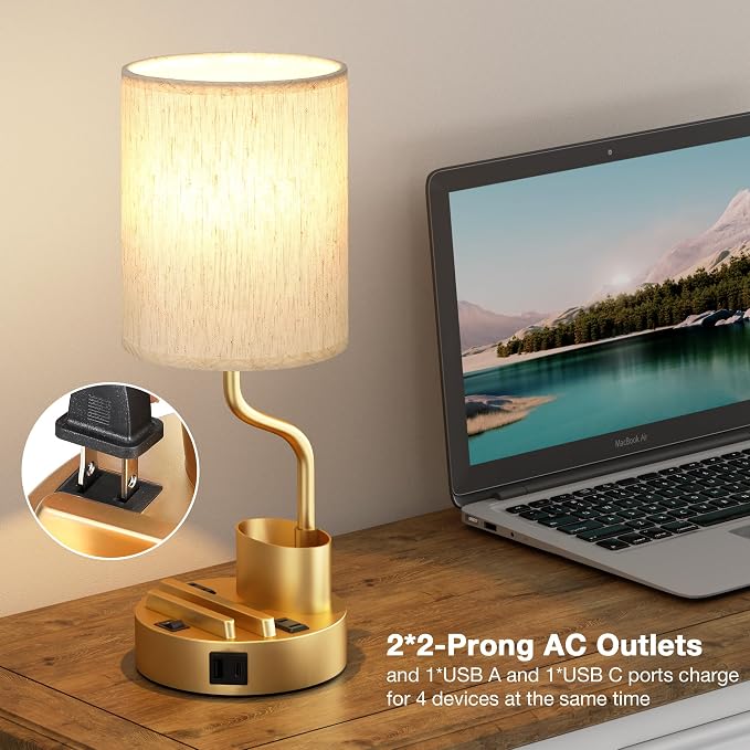 Fenmzee Bedside Lamps for Bedroom Set of 2 - Table Desk Lamp for Nightstand | 15" Table Lamp for Living Room with Pen Holder & Phone Stand, USB A+C Port, AC Outlet, 3 Color Temperature, LED Bulb Included - Image 4