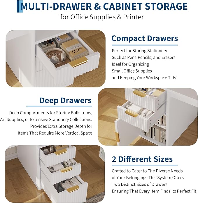 IDEALHOUSE Rectangular Computer Desk with Hutch & Printer Stand, Ripple Door Storage Home Office Desk, Space-Saving Study Writing Desk for Bedroom, Sturdy Board Student Desk with Easy Assembly - Image 5