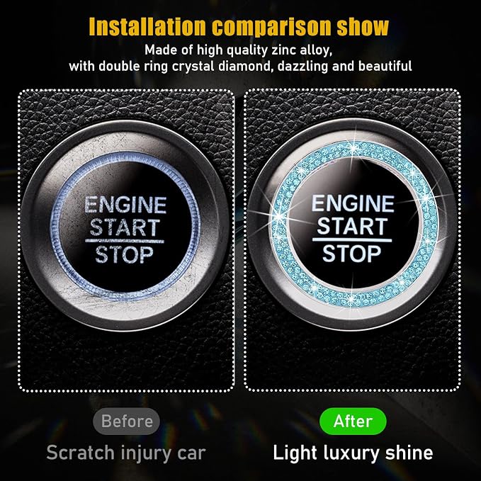 Kewucn Bling Crystal Double Rhinestone Car Engine Start Decoration Ring, Sparkling Push Start Button Sticker, Key Ignition & Knob Ring Decoration, Bling Car Interior Accessory (Lake Blue) - Image 3