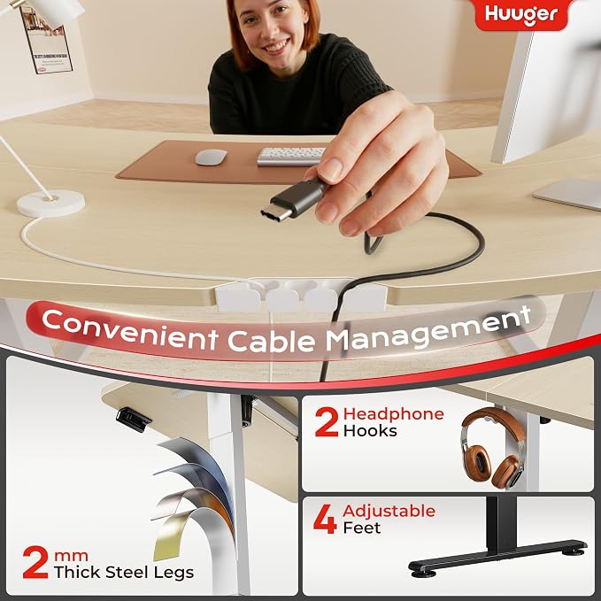 Huuger Electric Standing Desk with Power Outlets and USB-C Port, 55 X 24 Inch Height Adjustable Desk, Sit Stand Desk for Home Office, Computer & Gaming Desk with 4 Presets, Stable Steel Frame, Marple - Image 6