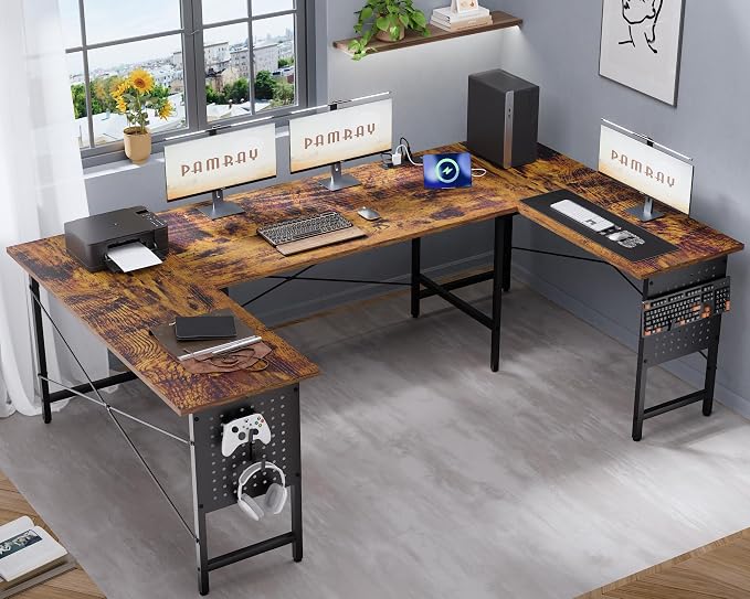Pamray 71 Inch Large Gaming Desk with Power Outlets U Shaped Computer Desk | Spacious Workspace with USB Charging Ports & Pegboard & Headphone Hooks Suitable for PC Gaming Office Work Study and Writing by PAMRAY