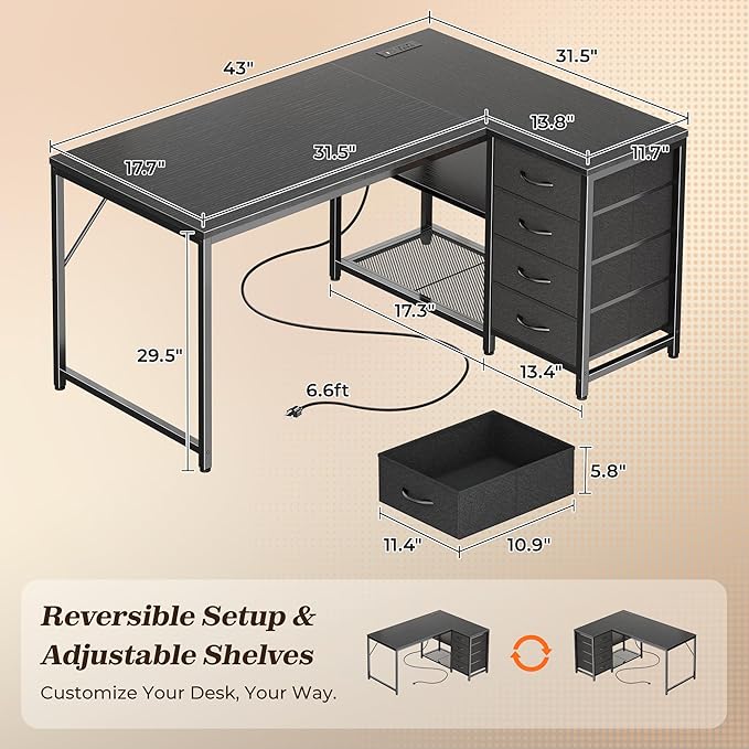 PRAISUN 43.3" Small Computer Desk with Power Outlets & USB-C Port, Reversible L Shaped Corner Office Desk with 4 Fabric Drawers and 2 Adjustable Storage Shelves, for Gaming Writing, Black - Image 2