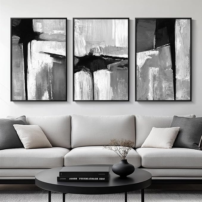 Large Framed Black and White Gray Abstract Wall Art, 3 Piece Modern Canvas Prints Paintings Artwork for Walls, Grey Abstract Pictures for Living Room Hallway Bedroom Office Wall Decor Total 30x60 In by Cuspin