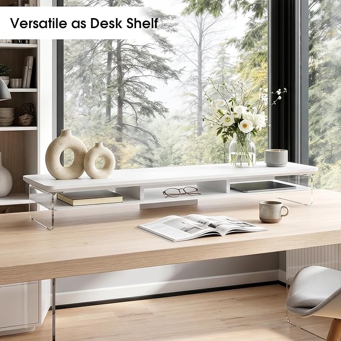 Fenge 42.5" Dual Monitor Stand with Clear Acrylic Legs, White | Clear acrylic, storage compartment, 2-tier home office monitor riser, wide large desktop shelf fit monitor/laptop/printer - Image 7
