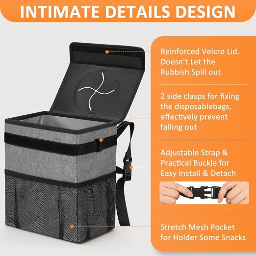 Vankor 3 Gallons Car Trash Can with Lid, Car Trash Bag Bin Hanging Waterproof Automotive Garbage Cans Leak Proof Vehicle Can Grey - Image 4