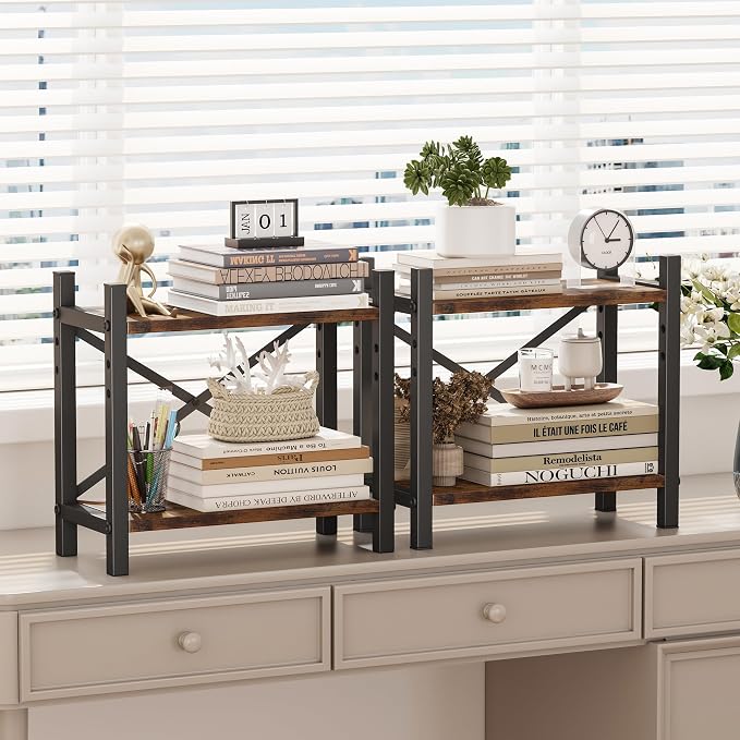 Desktop Bookshelf, 4-Tier Stackable Narrow Bookcase, Adjustable Industrial Desk Organizer & Hutch - Rustic Brown Wood Desktop Book Organizer for Living Room, Bedroom & Home Office - Image 4