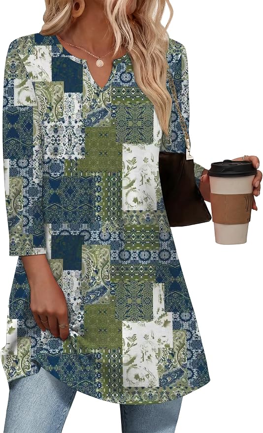 OFEEFAN Summer Boho Tops For Women 3/4 Length Sleeve Womens Tops Vacation Outfits - Image 2