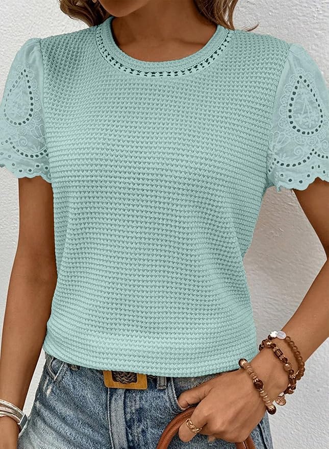 SHEWIN Womens Frenchy Summer Tops Crewneck Short Sleeve T Shirts Casual Waffle Knit Jacquard Blouses Top Shirts - Image 4
