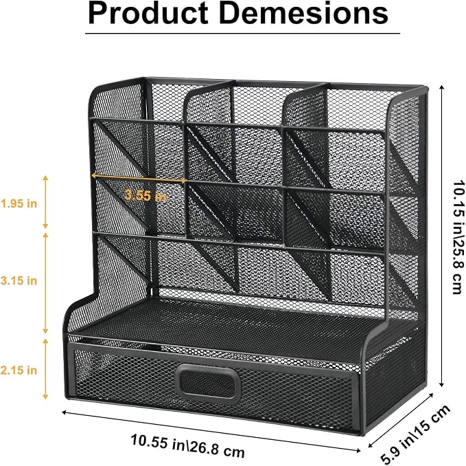 Marbrasse Mesh Pen Holder for Desk, Multi-Functional Pencil Organizer with Drawer, Desk Organizers and Accessories for Office Art Supplies (Large Black) - Image 6