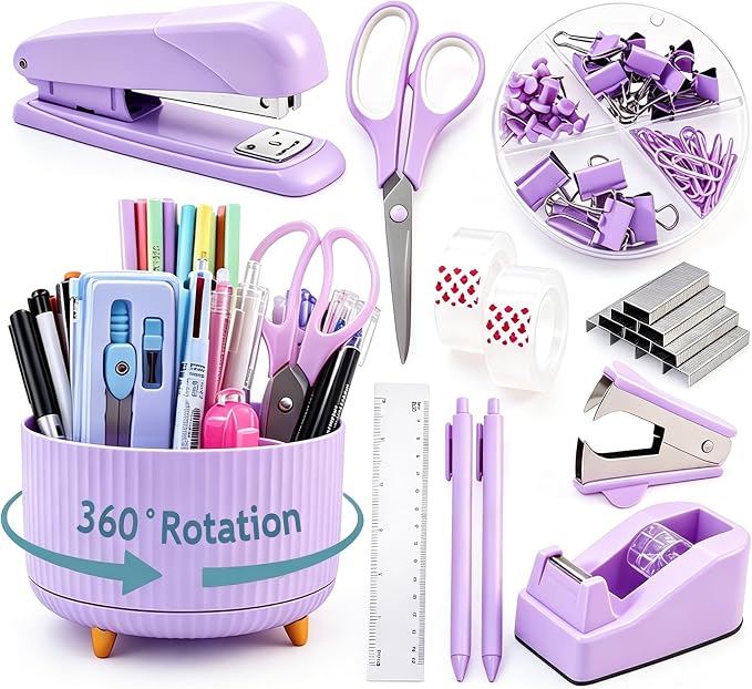 Gawsey Purple Desk Organizers and Accessories with Desk Organizer 360° Rotating Pen Holder and Office Supplies, Cute Stationery Supplies Set by Gawsey