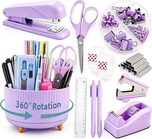 Gawsey Purple Desk Organizers and Accessories with Desk Organizer 360° Rotating Pen Holder and Office Supplies, Cute Stationery Supplies Set by Gawsey