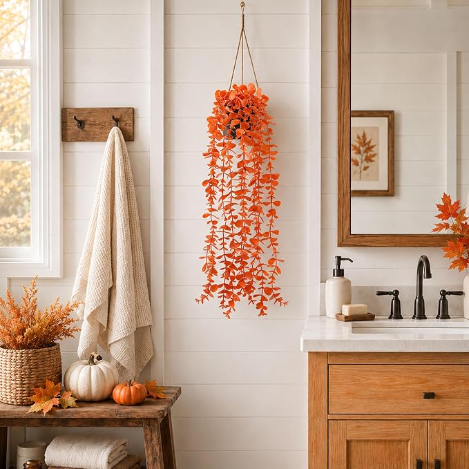 Der Rose 2Pcs Fake Fall Hanging Plants for Home Bathroom Wall Outdoor | Orange artificial hanging plants for autumn decor accents, fall bathroom and kitchen decor, porch, patio and covered decor - Image 5