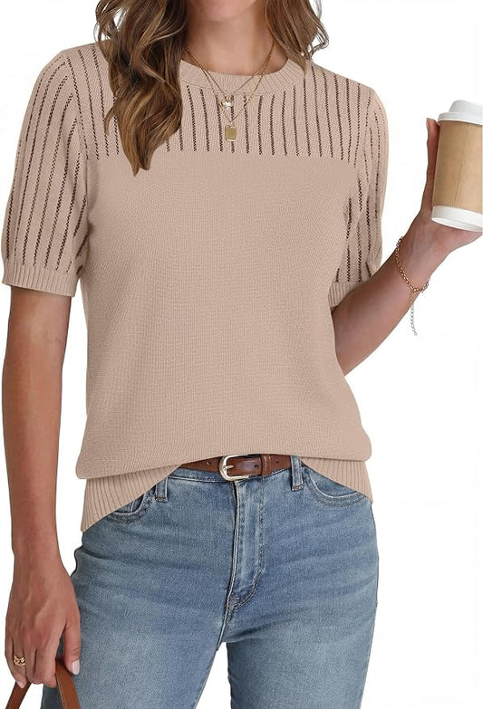 Zeagoo Women's Short Sleeve Sweater Tops 2026 Spring Summer Crew Neck Hollow Out Blouses Dressy Business Casual Outfits by Zeagoo