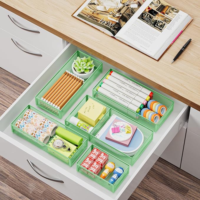 Marbrasse 5 Pack Desk Drawer Organizer Set, Mesh Drawer Storage Trays with 1 Adjustable Divider, Desk Organizers and Accessories, 5 PCS Drawer for Office Supplies, Makeup & Vanity (Green) - Image 6