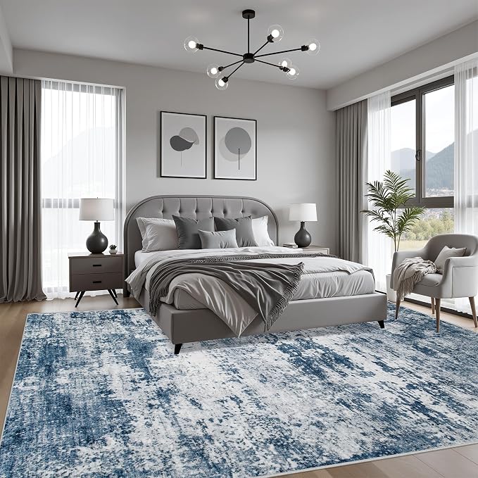 6x9 Area Rug Living Room Rug: Washable Modern Abstract Soft Thin Rug Indoor Floor No Slip Stain Resistant Carpet for Bedroom Dining Room Farmhouse Nursery Home Office - Blue - Image 4