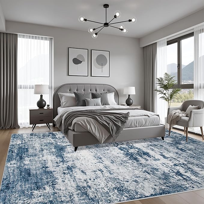 9x12 Area Rug Living Room Rug: Washable Modern Abstract Soft Thin Rug Indoor Floor No Slip Stain Resistant Carpet for Bedroom Dining Room Farmhouse Nursery Home Office - Blue - Image 4