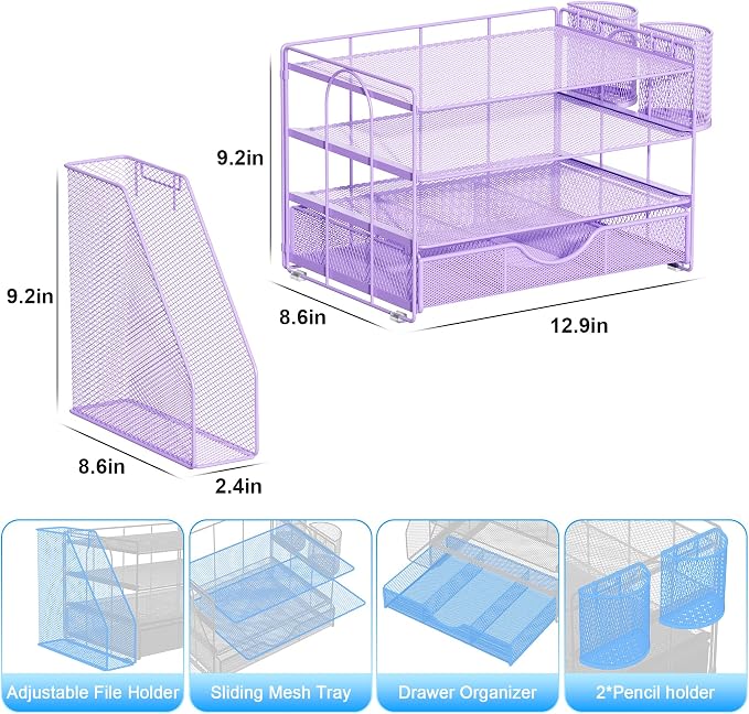 gianotter Desk Organizers and Accessories with File Holder, 4-Tier Desk Accessories & Workspace Organizers with Drawer and 2 Pen Holder, Paper Organizer for Office Supplies (Purple) - Image 5