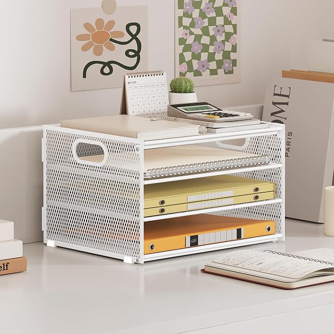 Subekyu Paper Letter Tray Organizer for Desk, White Metal Mesh Desk File Sorter Organizer with Handle and 2 Sliding Trays for Home Office School Supplies Organization - Image 6
