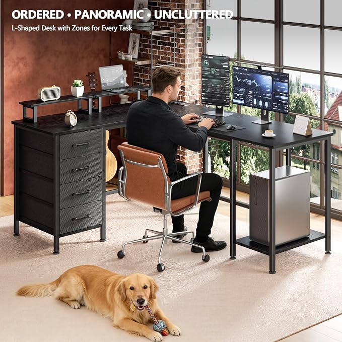 Korfile 59 inch L Shaped Computer Desk with Power Outlets, Black | Ideal for Home Office, Bedroom, Corner, 4 Adjustable Storage Drawers, 2 Monitor Stands, Reversible, Two Person Gaming Table - Image 8