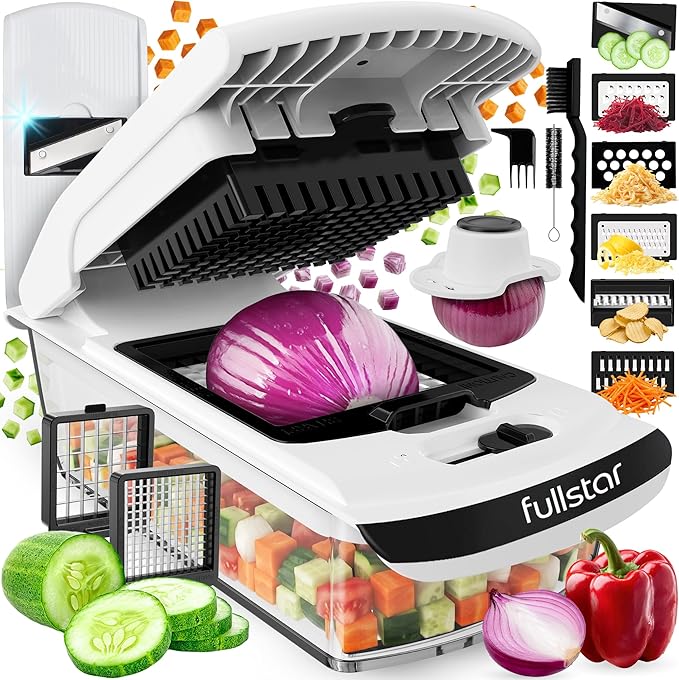 Fullstar Pro Original Vegetable Chopper & Mandoline Slicer Kitchen Gadget | 8 in 1 Veggie Slicer, Onion & Fruit Cutter with Sharp Stainless Steel Blades & Container, All-in-One Meal Prep Tool (White) by fullstar