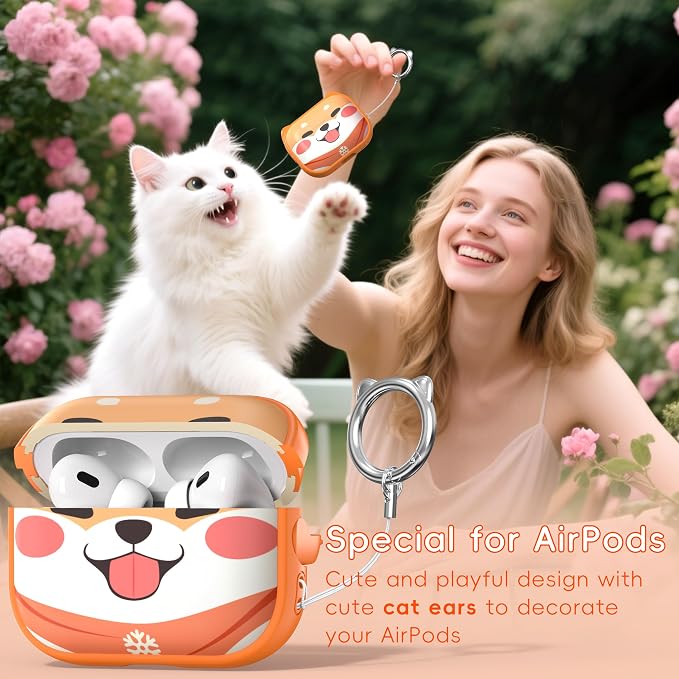 for AirPods Pro 2 Case with Cleaning Kit, Cute Cat Ear Print Design & Cute Buckle for Girls, Phone Holder & Top Safe Lock Buckle Design for AirPods Pro 2nd/1st Gen case, Orange Dog - Image 3