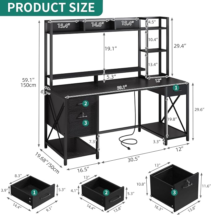 DWVO Computer Desk with Drawers & Hutch, 59.1" Office Desk with Power Outlets & LED Lights, Home Office Desk with Storage Shelves, Black - Image 2