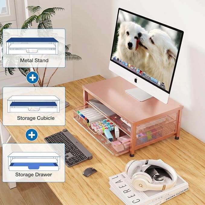 OPNICE Computer Monitor Stand Riser, Desk Organizer with Drawer, Printer & Laptop Stand, Office Desk Accessories & Workspace Desktop Organizers Storage for Office Supplies(Rose Gold) - Image 2