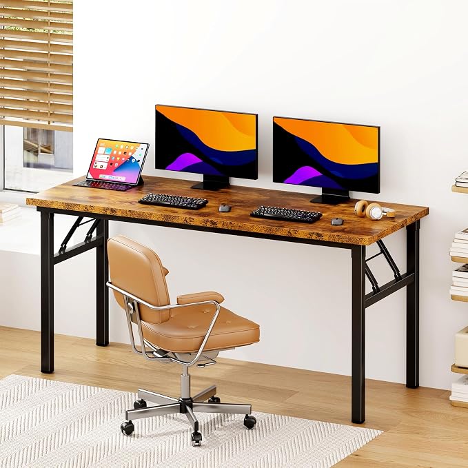 Need Home Office Desk - 62 Inches Large Computer Desk Sturdy Black Table Foldable Desk Gaming Computer Table No Assembly Required Rustic Brown AC5FB(157.5 * 60) | Black Frame Writing Gaming Work Table/Foldable Home Office Desk/Sewing Table, No Assembly... - Image 2