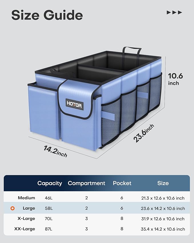 HOTOR Trunk Organizer for Car - Car Organizer, Foldable Trunk organizer for SUVs & Sedans, Sturdy Organization for Car Accessories, Tools, Sundries, Blue, 2 Compartments, 23.6"×14.2"×10.6" - Image 2