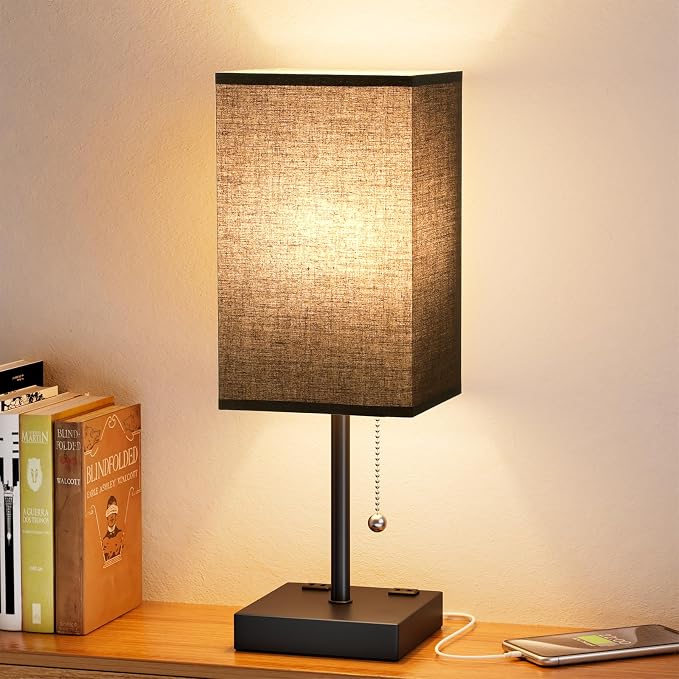 Black Lamp for Bedroom - 3 Color Temperatures, USB A+C, 2 AC Outlets | Pull Chain Switch, LED Bulb Included, Black Fabric Shade, 17.4" Table Lamp for Nightstand, Desk, Living Room, Office by Aooshine