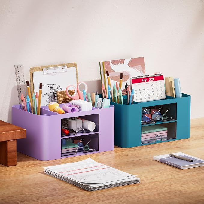 Marbrasse Pen Organizer with 2 Drawer, Multi-Functional Pencil Holder for Desk, Desk Organizers and Accessories with 5 Compartments + Drawer for Office Art Supplies (Purple) - Image 5